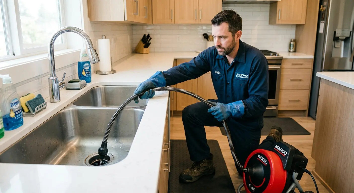 Drain cleaning technician using a motorized snake on a kitchen sink in Taunton