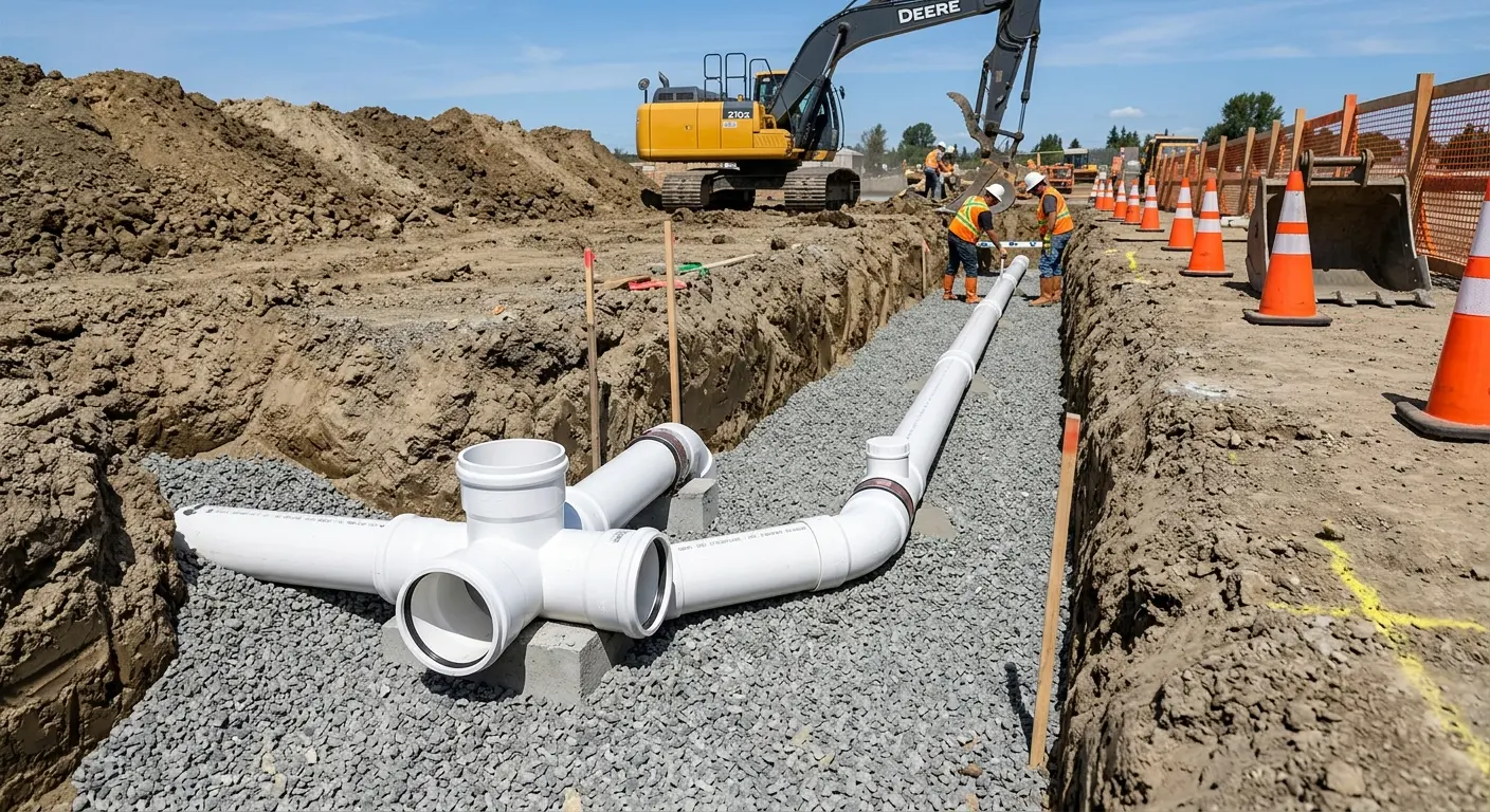 New PVC sewer pipe installation in open trench for Commercial Drain Cleaning in Taunton
