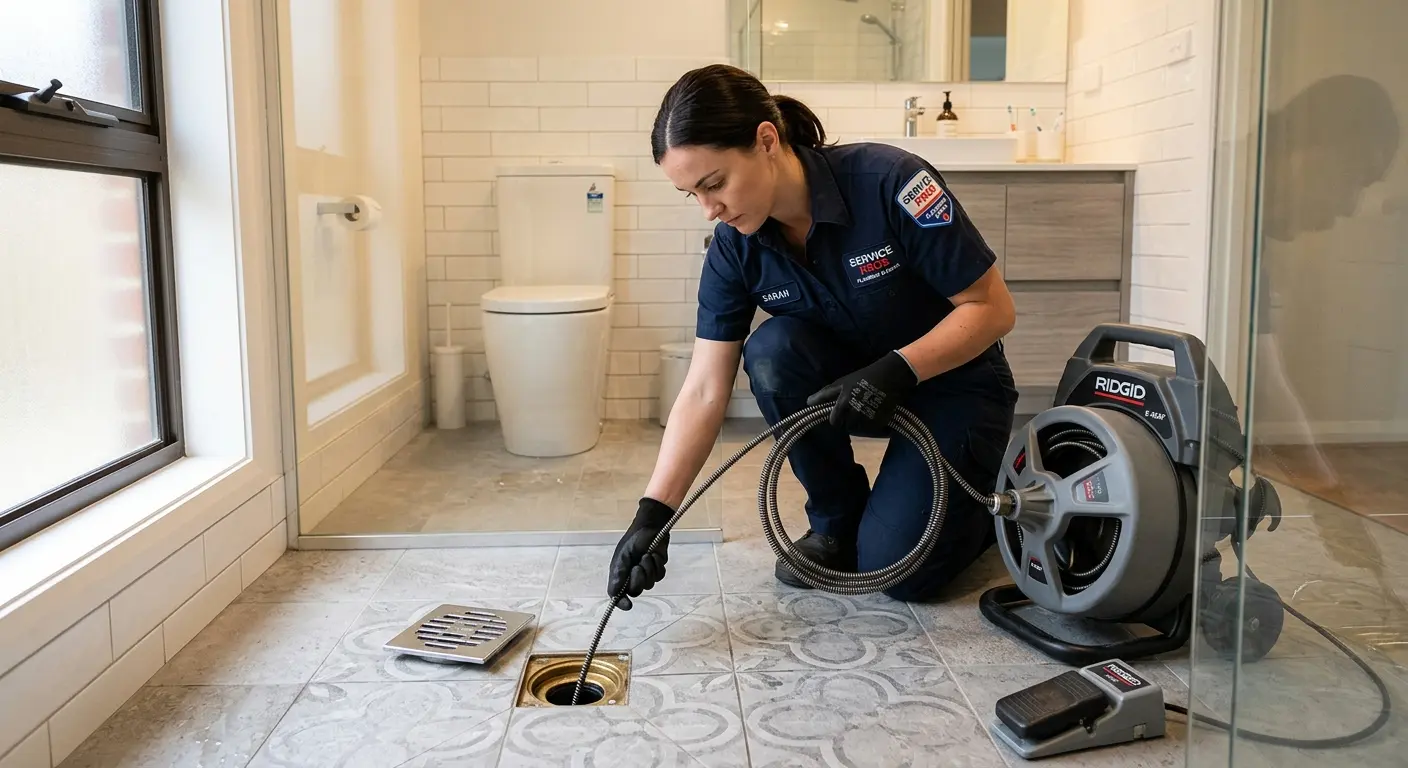 Technician clearing a bathroom floor drain for Drain Repair in Taunton